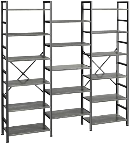 SUPERJARE Triple Bookshelf, Bookcase with 17 Open Display Shelves, Wide Book Shelf Book Case for Home & Office, 6 Tier, Grey by SUPERJARE