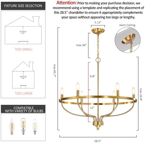 Gold Chandelier for Dining Room, 28.5 Inch Diameter Modern Farmhouse Candle Chandelier Light Fixture Over Table, 6-Light Brass Chandelier Lighting for Kitchen, Bedroom, Living Room (E12 Base) - Image 3