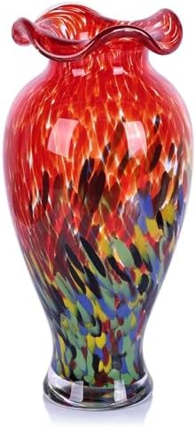 12.2H Murano Hand Blown Glass Vase, Ruffled Scalloped Rim Wide Mouth Colorful Decorative Flower Vase, Large Glass Centerpiece for Living Room, Bathroom, Office, Bookshelf, Entryway, Mantel Decor (Red) by PlivBloom