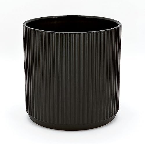 Amazon Basics Fluted Ceramic Planter Pot for Indoor Outdoor Plants, Round Flower Pot with Drainage Hole, 8-inch, Black by AmazonBasics