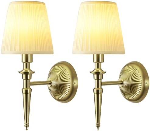 Battery Operated Wall Sconces Set of 2, Wireless Wall Lights with 12 RGB Colors and 3CCT Dimmable, Small Fabric LED Wall Lamps for Bedroom, Living Room, Hallway, Brass by NICOLONOROutdoorBarnLights
