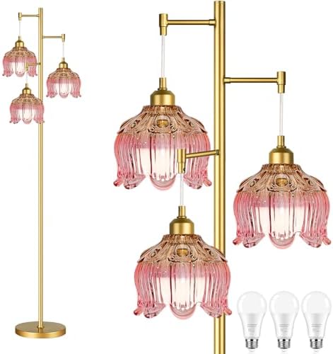 QIYIZM Pink Floor Lamp for Living Room,Bedroom,Gold Mid Century Modern Standing Lamp Brass Tree 3 Light Tall Floor Lamps Vintage Retro Floor Lights Glass Flower Lamp Shade Girls Kids Boho Bohemian by QIYIZM