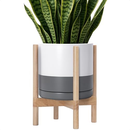 D'vine Dev Ceramic Pot with Natural Wood Stand, White/Grey, 12 in, 55-B-J-6 by DvineDevPlanterPotsandStand