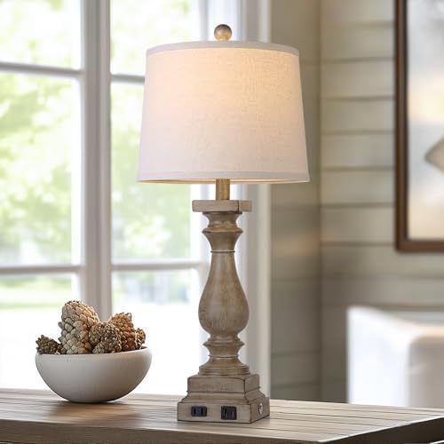 28" Tall Farmhouse Table Lamp with USB C+A Ports and AC Outlet, 3 Way Touch Control Rustic Bedside Lamp for Bedroom, Brown Vintage Nightstand Lamp for Living Room Office - Image 5