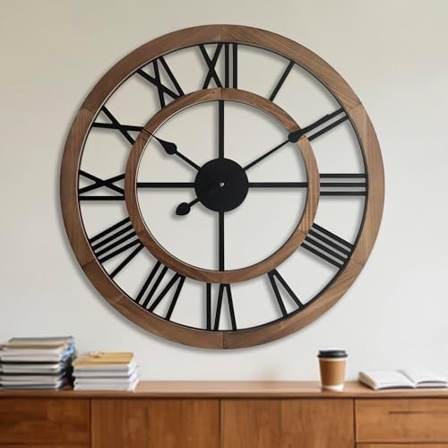 24 Inch Large Rustic Wall Clock Silent Non-Ticking Wooden Wall Clocks with Roman Numerals Farmhouse Decorative Clock for Living Room Bedroom Office (Brow) by BlueprintIvy