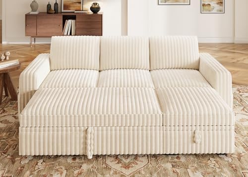 HONBAY Modular Sectional Sofa with Pull Out Bed,Corduroy L Shaped Sleeper Sofa with Storage, Sectional Couches for Living Room,Beige - Image 3
