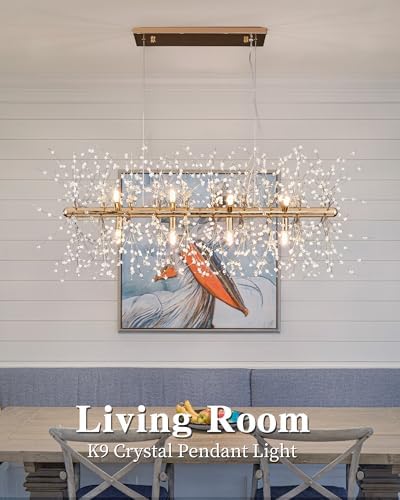Modern 35.4" Modern Gold Crystal Firework Chandelier, 12-Light Pendant Light Fixture, Rectangle Linear Sputnik Dandelion Chandeliers for Dining Room Kitchen Living Room - Image 3