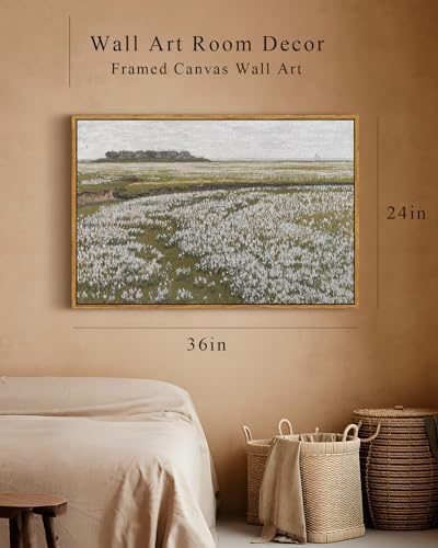 InSimSea Framed Canvas Wall Art Vintage Decor, Classical Grassland Paintings Large Wall Art, Meadow Full of Flowers Wall Hanging Decor for Living Room Farmhouse Bathroom, 24"x36" - Image 4
