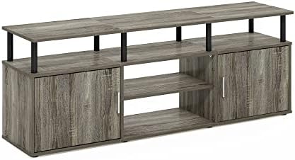 Furinno Jensen Entertainment Center Stand for TV up to 70 Inch, Plastic Pole, French Oak Grey/Black/Black by Furinno-FitsYourSpaceFitsYourBudget
