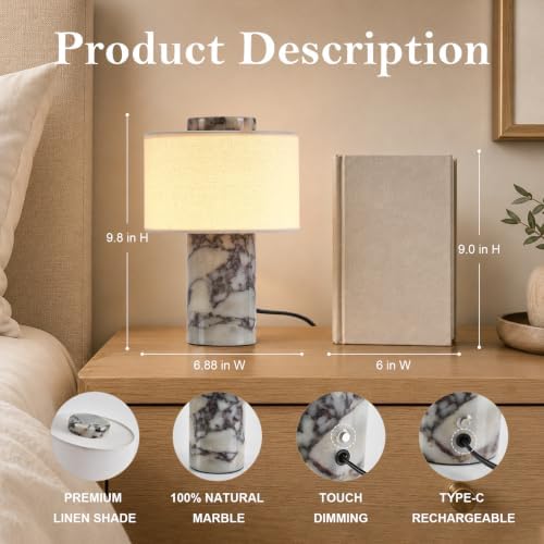 Marble Table Lamp, Natural Stone Touch Control Bedside Lamp with 3 Color Temperatures, Linen Fabric Shade, Modern Nightstand Lamp for Bedroom Living Room, Plug-in - Image 6