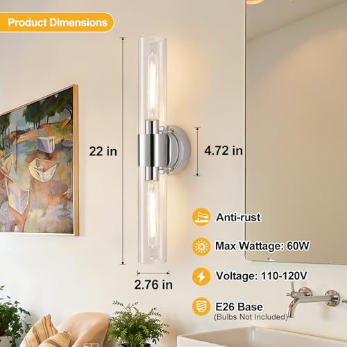 Wall Sconces Set of Two, Modern Bathroom Sconces Wall Lighting with & Clear Glass Glass, Chrome Sconces Wall Decor Set of 2 for Bathroom Mirror Bedroom Living Room Hallway - Image 7