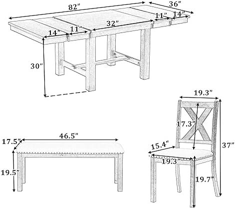 Farmhouse 6-Piece Extendable Dining Room Table Sets, Acacia Wood 82'' Dining Table with 2 Removable Leaf and Upholstered Dining Chairs& Bench, Soft Cushion with Rivet (Natural+Be) - Image 4