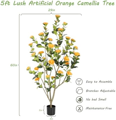 Nafresh 5FT Lush Artificial Orange Camellia Tree Outdoor 2 Pack, 60inch Faux Camellia Plant, Fake Camellia Flowers Tree for Indoor Outdoor Living Room Home Patio Front Door Garden Decor - Image 5