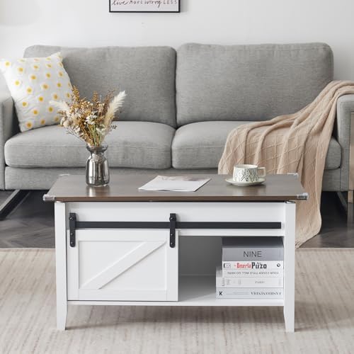 VINGLI Farmhouse Lift Top Coffee Table,36" Living Room Table,White Oak - Image 7