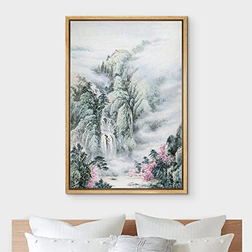 NWT Framed Canvas Print Wall Art Watercolor Misty Flower Mountain Nature Wilderness Illustrations Modern Art Decorative Landscape Zen Colorful for Living Room, Bedroom, Office - 24"x36" Natural - Image 3