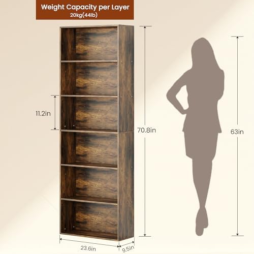 GRUSIGN 71" Tall 6-Tier Bookshelf, Large Open Display Bookcase with Ample Storage, Floor Standing Book Shelf for Living Room, Home Office, Bed Room, Brown - Image 2