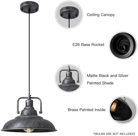 Black and Silver Pendant Light 12.5 inches 3 Packs, Farmhouse Pendant Light, Industrial Pendant Light, Kitchen Pendant Lights, Pendant Lights Kithen Island for Bedroom; Living Room; Kitchen - Image 3