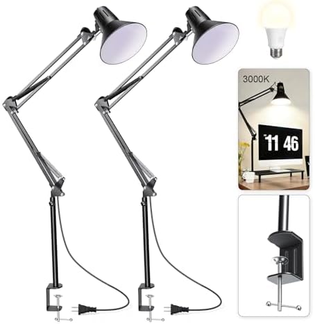 Black Desk Lamp with Clamp, Extra-Tall Adjustable Metal Swing Arm, 2 Pack by Coospider