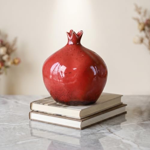 VOSAREA Glazed Ceramic Pomegranates Bud Vase, Pomegranate Home Decor Creative Flower Vase Fake Pomegranate Fruit Table Centerpiece Art Craft Ornament Housewarming Gift B, 12.50X9.50X9.50CM, Red - Image 3