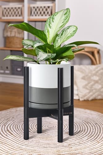 D'vine Dev Ceramic Pot with Ebony Wood Stand, White/Grey, 8 in, 55-B-M-6 - Image 2