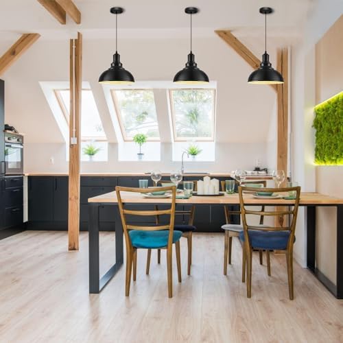 Pendant Lights, Farmhouse Pendant Lamp with Metal Shade (White Inside), Matte Black Industrial Pendant Lighting for Kitchen Island, Dining Room, Bedroom, Hallway - Image 4
