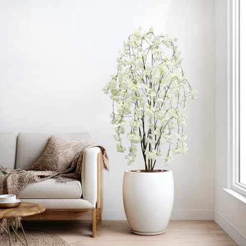 Artificial White Cherry Blossom Tree, 5Ft Tall Indoor Faux Plant with Cascading Branches, Potted Decorative Tree for Home, Office, Living Room, Patio - Image 4