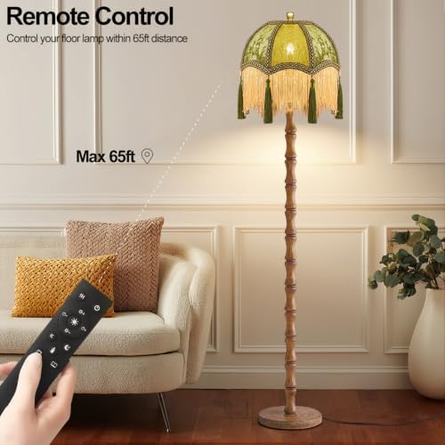 AHDWDW Vintage Floor Lamp for Living Room Bedroom,Victorian Floor Lamps with Remote,Wood Standing Tall Lamp with Green Tassels Velvet Lampshade,Fringe Dimmable Floor Lamp for Corner Reading Decor - Image 3