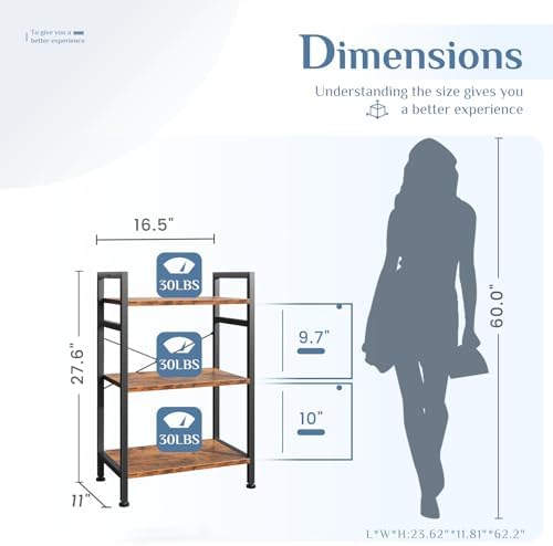 DUMOS 3 Tiers Open Bookshelf, Classic Freestanding Tall Display Shelf, Multifunctional Storage Organizer Rack for Living Room Home Office, Sturdy Bookcase for CDs/Books/Movies, Brown - Image 3