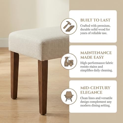 HNY Farmhouse Upholstered Dining Bench Seat, 45" Linen Entryway Bench with Natural Wood Legs, Mid Century Modern End of Bed Bench for Kitchen Bedroom Living Room Hallway, for 2-3 Person, Beige - Image 5