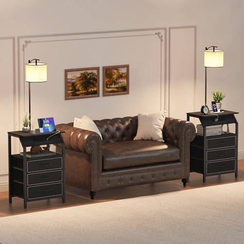 End Table with Floor Lamp Set of 2, Nightstand with Charging Station, Floor Lamp Table with 3-Color Temperature Bulb, Bedside Table Night Stand with 3 Drawers for Bedroom, Living Room, Black - Image 4