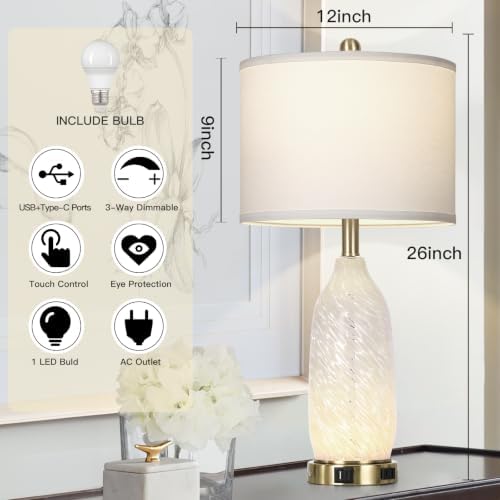 Rinweey 26" Modern Clear Glass Table Lamp Nightstand Lamp with USB A+C Ports & AC Outlet,Bedside Lamps with 3-Way Dimmable Touch Control Night Light for Bedroom Living Room,Single White - Image 2