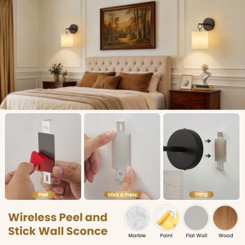 Peel and Stick Sconces Set of 2 Black, Detachable Battery Operated Wall Sconce With 10000 mah Rechargeable Bulbs, 12 RGB Battery Sconce With Remote, Renter Friendly Wall Lamps for Living Room,Bedroom - Image 2