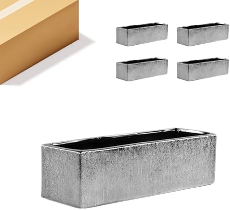 WGVI Long Rectangle Ceramic Planter Vase in Silver Etched 14" x 4" x 4"H, Rectangular Box Block Terrarium Pot, Flower Arrangement, Tabletop Centerpiece, Home Decor Organization Container, 4 Pcs. by WGVInternational-OpusGlassware