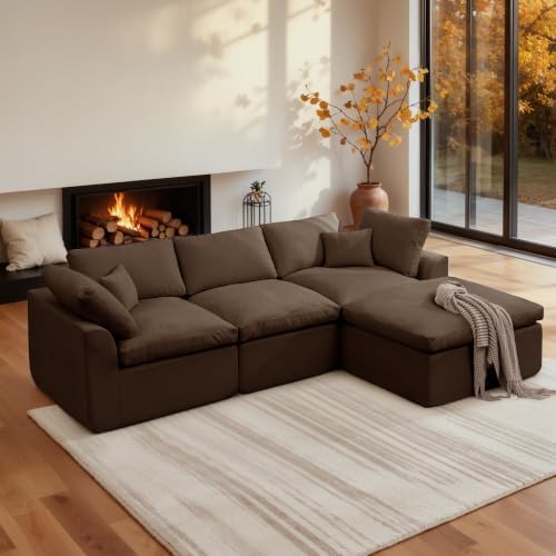 Korser 110" Cloud Sectional Couches for Living Room, Modern Modular Sectional Sofa with Ottoman, Boneless Cloud Couch with Comfy Deep Seats, Fluffy Chenille L-Shape Sofa Couch for Living Room, Brown by KORSER