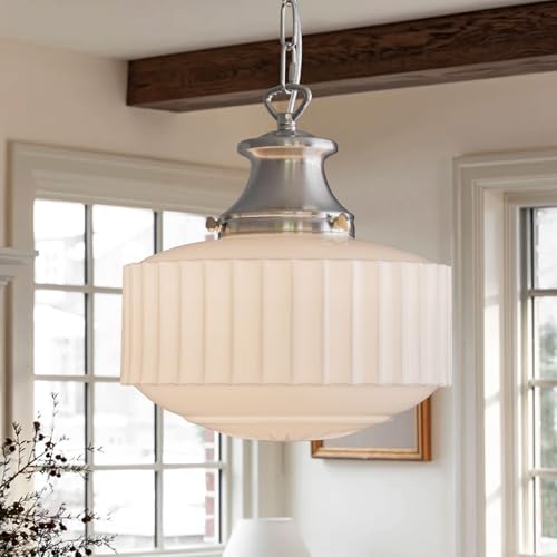Vintage Milk Glass Pendant Light Fixtures, 10.63" Milk Glass Chandelier, Brushed Nickel Pendant Lights Kitchen Island, Milk Glass Pendant Light for Kitchen Island Lighting, Dining Room & Entryway by Ifyoulikepleasefollowus