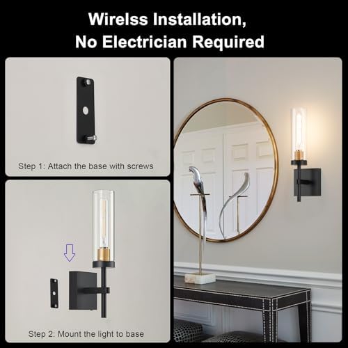 Wireless Wall Sconces with Remote Control, Battery Operated Wall Sconce Set of 2, Black & Gold Rechargeable Dimmable Wall Light for Bedroom Living room Bathroom Hallway Entryway Stairwell, 3000K - Image 6