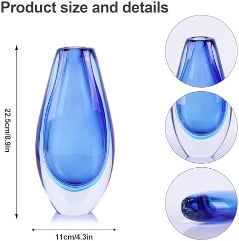 Hand Blown Glass Vase – 8.9" Tall Oval Decorative Art Glass with Colorful Speckled Finish, Luxury Centerpiece for Dining Table, Coffee Table, Mantel, Shelf, Murano Coastal Decor (Blue) - Image 2