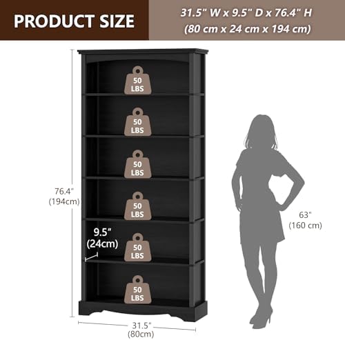 TVU 6-Tier Wooden Bookshelf, 76 Inch Tall Bookshelf with Storage, Floor Standing Modern Style Display Bookcase for Living Room, Office, Study Room, Entryway, Black - Image 3