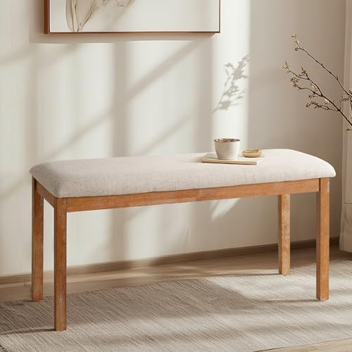 SIMTONAL French Country Dining Bench Wood, Vintage Farmhouse Bench, Fabric Upholstered Dining Chair, 1 Pieces, Light Oak - Image 4