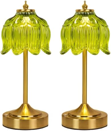 Lotus Flower Table Lamp, Cordless Rechargeable Amber Glass Bedside Lamp | 3600mAh Battery, Touch Control, 3 Color Modes & Stepless Dimming for Bedroom, Nightstand Beryl Green 2PC by Unknown