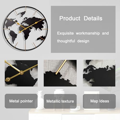30inches Large World Clock Silent Metal Map Wall Art Decor for Office - Image 3