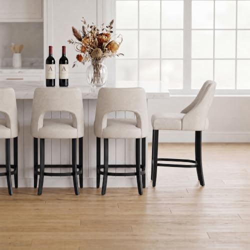 UVV Bar Stools Set of 2, Modern Upholstered Counter Height Bar Stools, Faux Leather Counter Stools BarStools with Wood Legs for Kitchen Island Dining Room Bar, Beige - Image 4