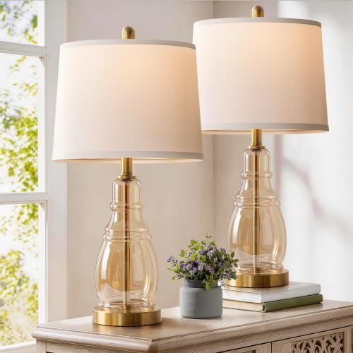 ROTTOGOON Glass Table Lamp Set of 2, Modern Table Lamps for Living Room Bedroom, Bedside Desk Lamps Vintage Nightstand Lamps with Linen Shades, 22", Champagne - Image 2