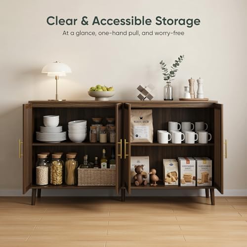 Smart FENDEE 63" Long Sideboard Buffet with 4 Slatted Doors, Farmhouse Buffet Storage Cabinet with Adjustable Shelf, Coffee Bar Cabinet for Entryway, Kitchen, Dining Room, Living Room, Walnut Color - Image 6