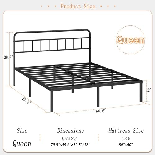 Kujielan 12 inches Queen Size Bed Frame with Minimalist Headboard, Black - Image 2