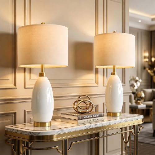 USumkky 24" White Oval Ceramic Table Lamp Set of 2, Modern Minimalist Bedside Nightstand Lamps for Bedroom Living Room, Linen Shade & Gold Metal Base, Rotary Switch E26 (Bulbs Excluded) by USumkky
