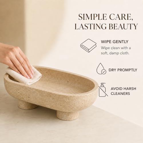 Travertine Oval Bowl with Base, 10 Inch Handmade Natural Stone Decorative Bowl for Home Decor, Modern Key Bowl for Entryway Table, Fruit Candy Dish & Candle Holder for Kitchen Countertop - Image 7