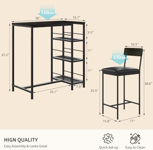GarveeHome Bar Height Dining Table Set for 2, Space-Saving Pub Table - Image 5