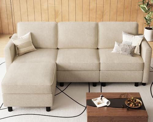 Belffin 84.3" 4 Seats L Shaped Couch Modular Sectional Sofa Washable Sectional Couches for Living Room Comfy Couches with Storage Seat Couch Sofas with Chaise,Beige by Belffin