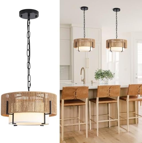 12.6" Rattan Pendant Light, Boho Chandelier Hanging Light Fixture by SupMaka